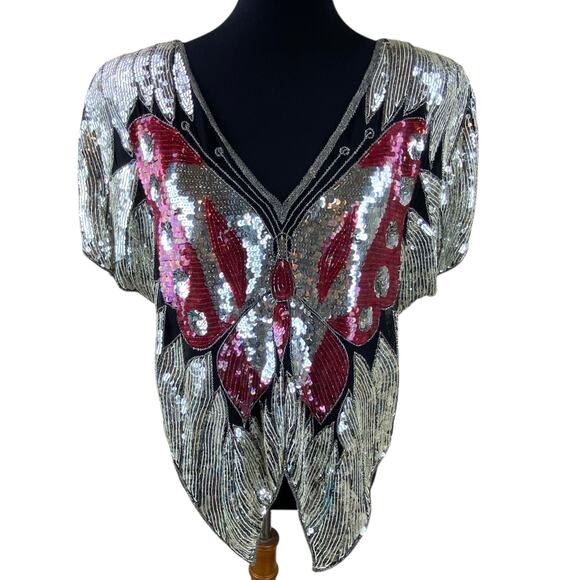 Vintage 100% Silk and Sequins Butterfly Top Silver Black Pink Approx Size M - Picture 1 of 8